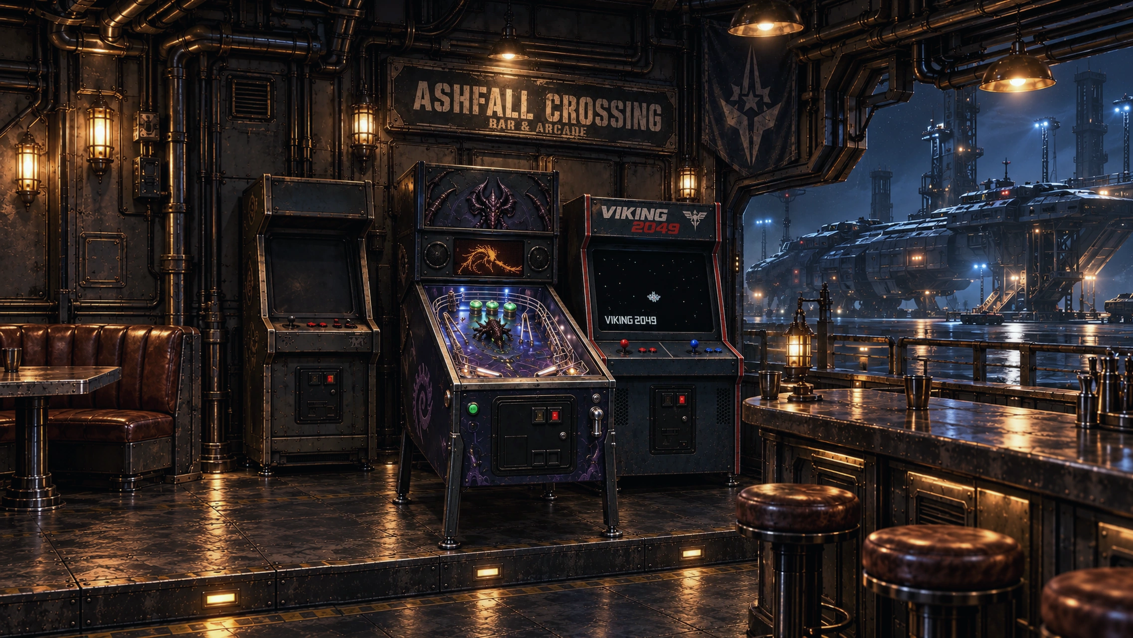 Ashfall Crossing 基地酒吧, 平台上的弹球台和双摇杆 Viking 2049, 墙上招牌与吧台